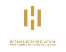 A logo on a brown background featuring the word "HERITAGE" in bold white capital letters. Below it, the text "GUTTERS & EXTERIOR SOLUTIONS" and "PROFESSIONAL SERVICE AND INSTALLATION" are written in a smaller font. Above the word "HERITAGE" are stylized golden bars forming an "H". Perfect for Roofing Buchanan County experts.