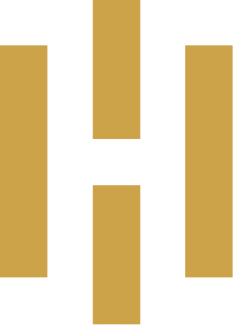 A symmetrical design featuring two large gold rectangles on the left and right, a centered vertical gold rectangle, and a smaller horizontal gold rectangle below it, all set against a solid green background. The shapes form an abstract geometric pattern reminiscent of roofing in Buchanan County.