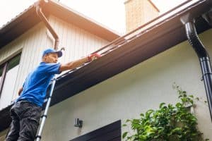 A person wearing a blue cap and shirt is standing on a ladder, providing gutter services in Buchanan County by cleaning the black gutter system of a house. The house has light-colored walls, and there are plants growing up the side near the door.