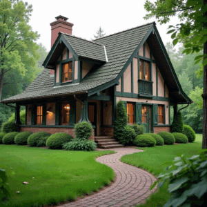 A charming cottage-style house with a steep roof, brick chimney, and green trim, this inviting property is surrounded by lush lawn and neat bushes—perfect for those seeking quality home services in a picturesque setting.