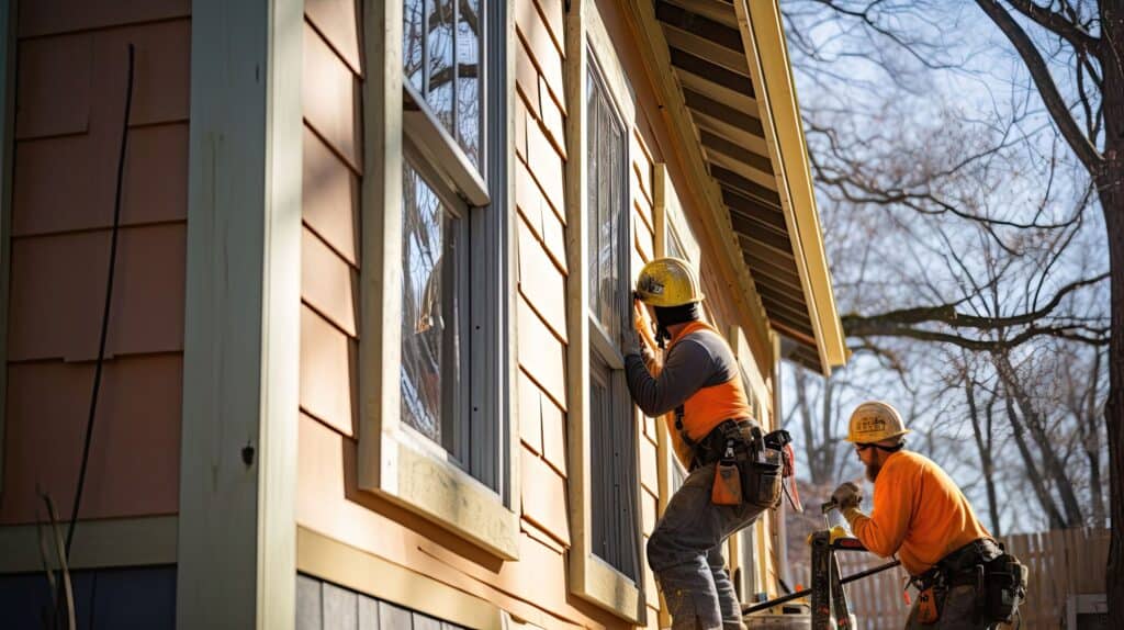 Two construction workers in orange shirts and yellow helmets are providing home services by installing or repairing windows on the side of a house, using tools and ladders on a sunny day with bare trees in the background.