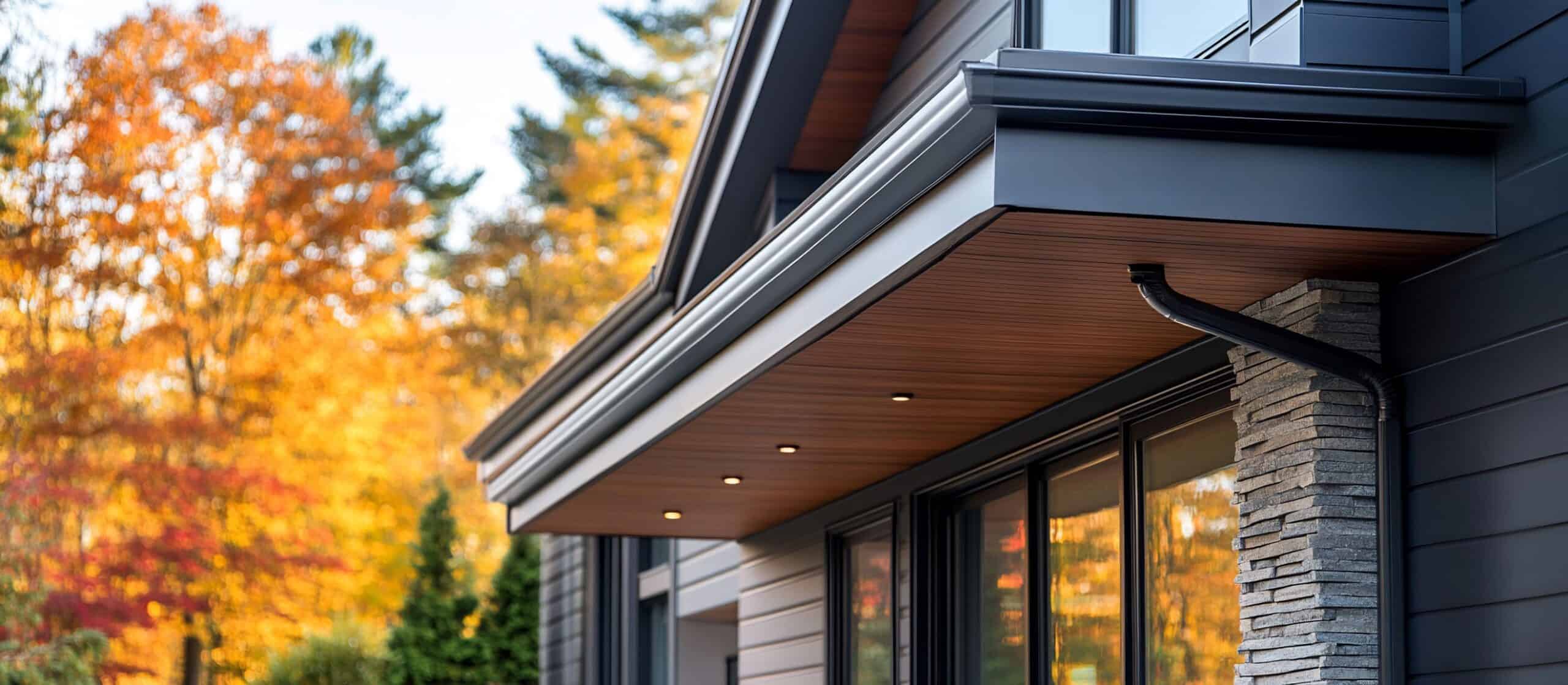 Close-up of a modern house exterior featuring dark horizontal siding, large windows, a stone pillar, and a wooden soffit with recessed lights—an inviting look for home services. Autumn trees with colorful leaves are visible in the background.